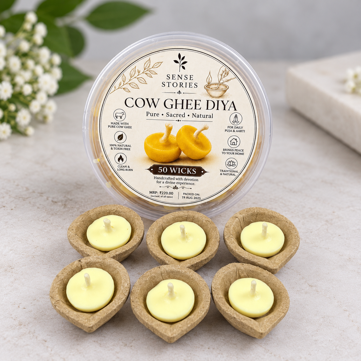Shubh Deep Combo – Cow Ghee Wicks + 6 FREE Cow Dung Diyas